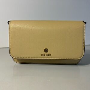 Nine West cross body or clutch purse in a beige color with gold hardware